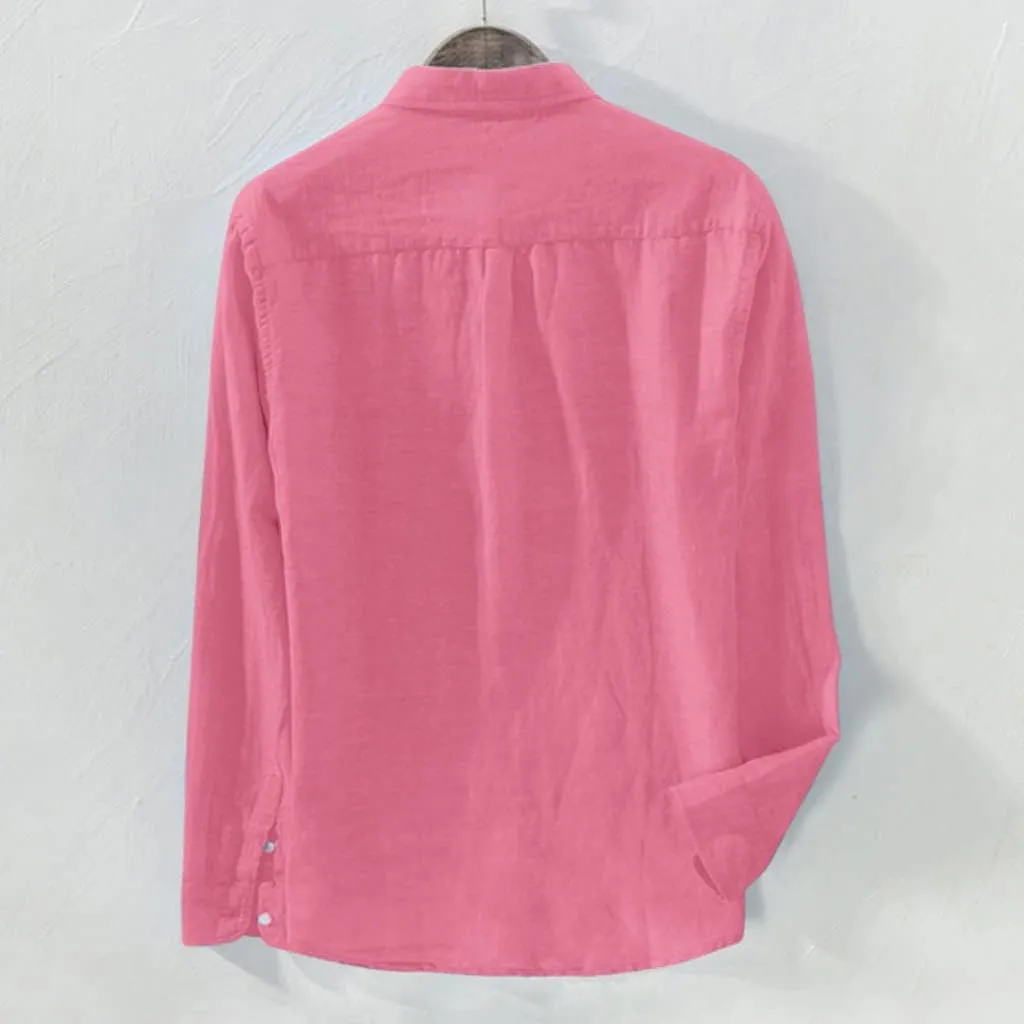 Mens Cotton Linen Shirts Casual Beach Shirts Summer Long Sleeve Shirts Big and Tall Button Down Shirts with Pockets