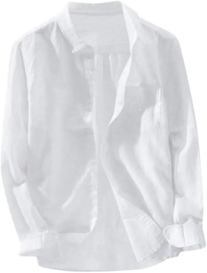Mens Cotton Linen Shirts Casual Beach Shirts Summer Long Sleeve Shirts Big and Tall Button Down Shirts with Pockets