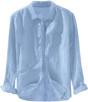 Mens Cotton Linen Shirts Casual Beach Shirts Summer Long Sleeve Shirts Big and Tall Button Down Shirts with Pockets