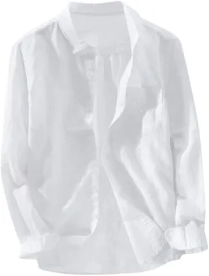 Mens Cotton Linen Shirts Casual Beach Shirts Summer Long Sleeve Shirts Big and Tall Button Down Shirts with Pockets