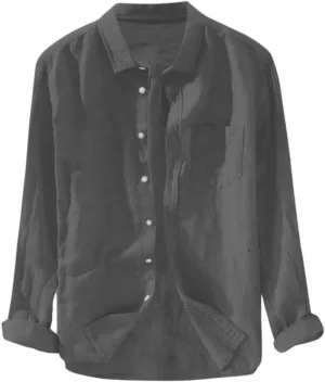 Mens Cotton Linen Shirts Casual Beach Shirts Summer Long Sleeve Shirts Big and Tall Button Down Shirts with Pockets