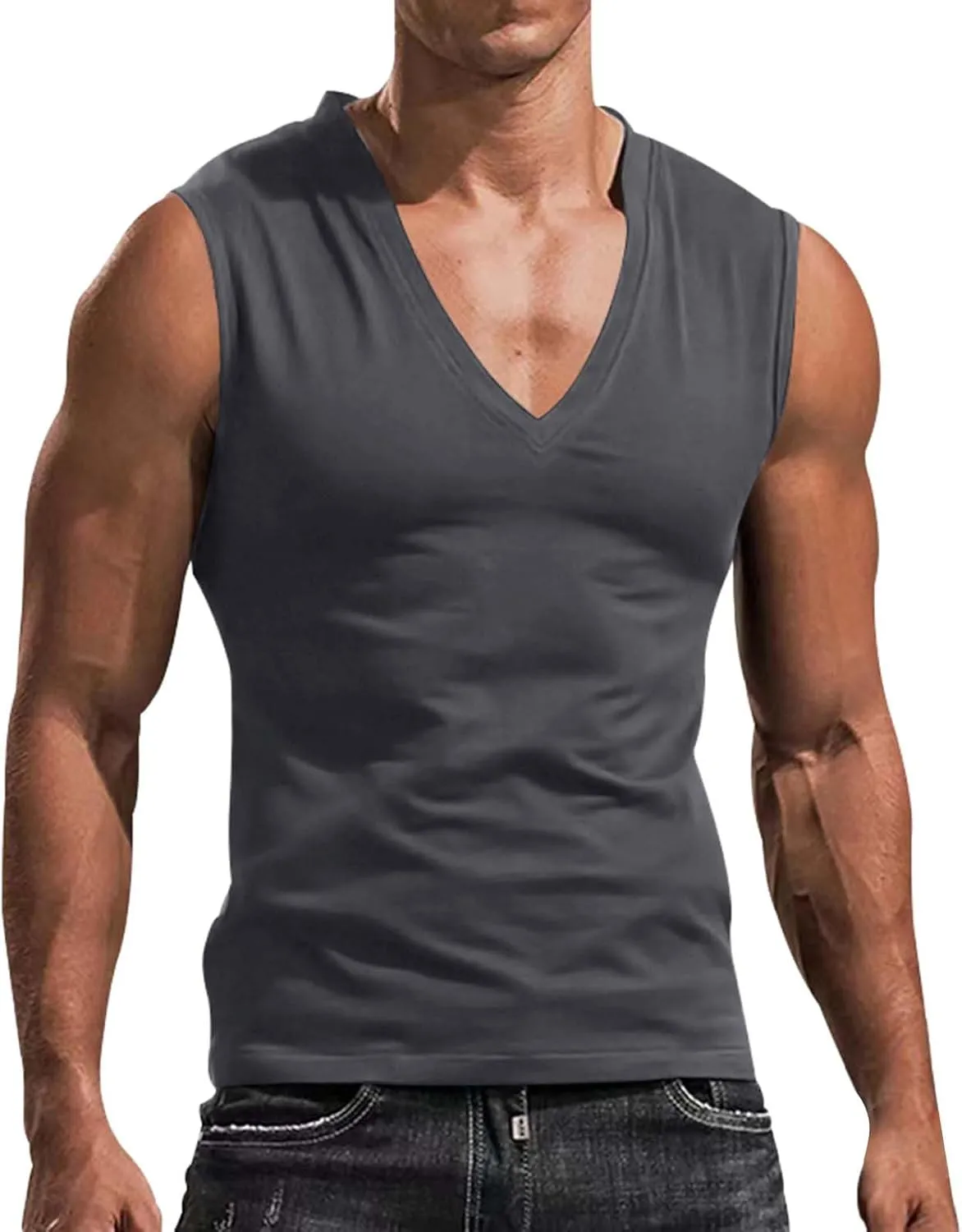 Mens Deep V Neck Tank Tops, Stretch Muscle Gym Workout Sleeveless Slim Fit Low Cut Tank Tops for Summer Beach