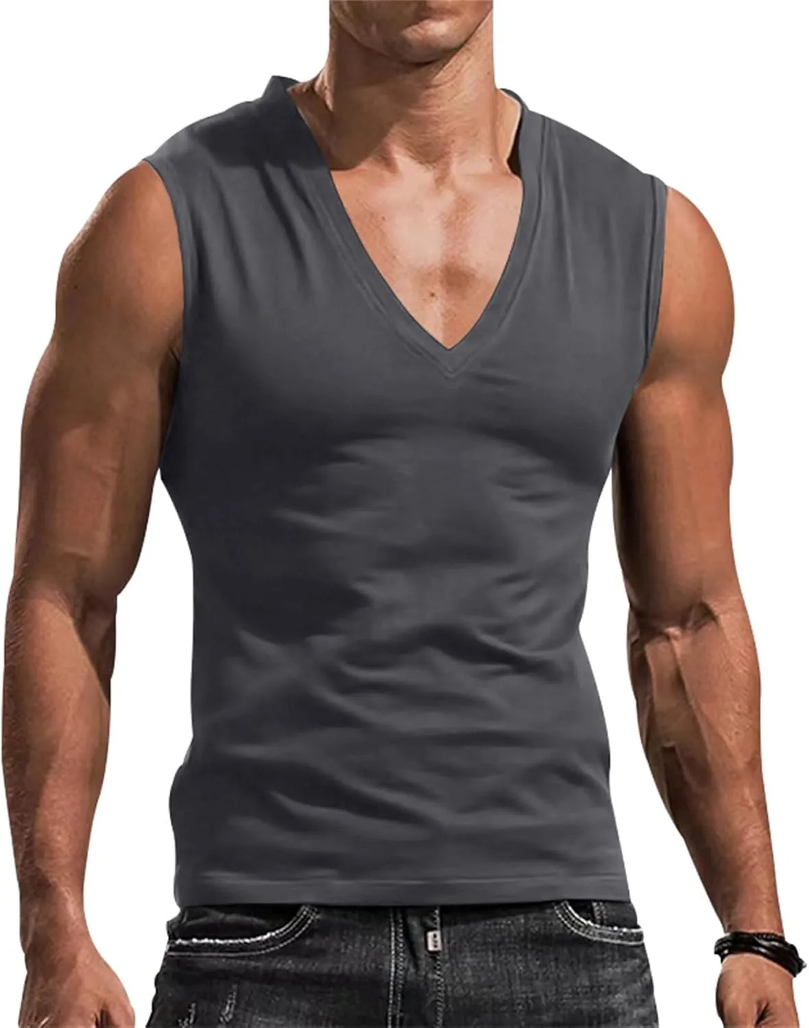 Mens Deep V Neck Tank Tops, Stretch Muscle Gym Workout Sleeveless Slim Fit Low Cut Tank Tops for Summer Beach
