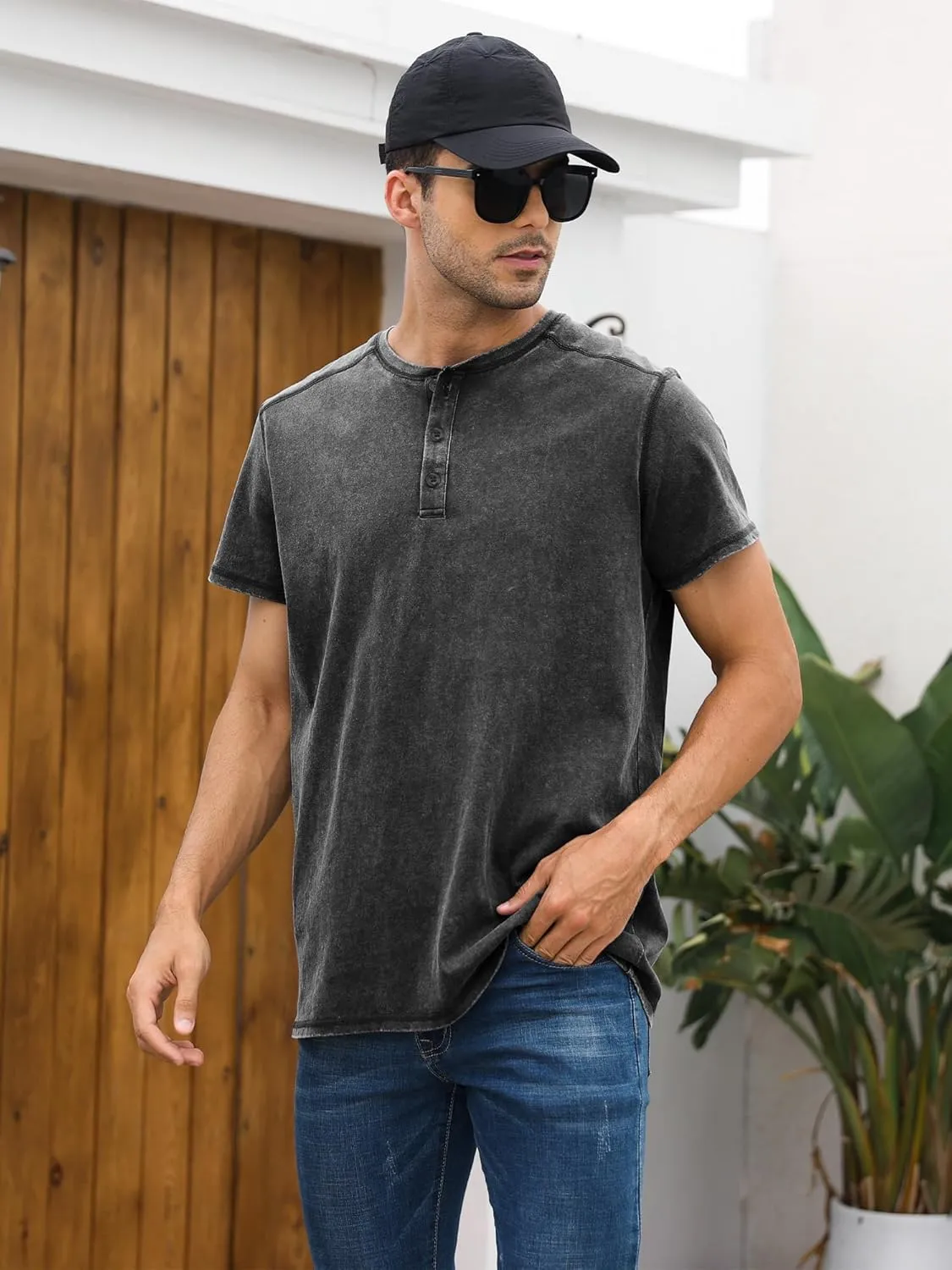 Mens Distressed Henley Shirts Casual Washed T-Shirts Retro Short Sleeve Tee Cotton Shirts