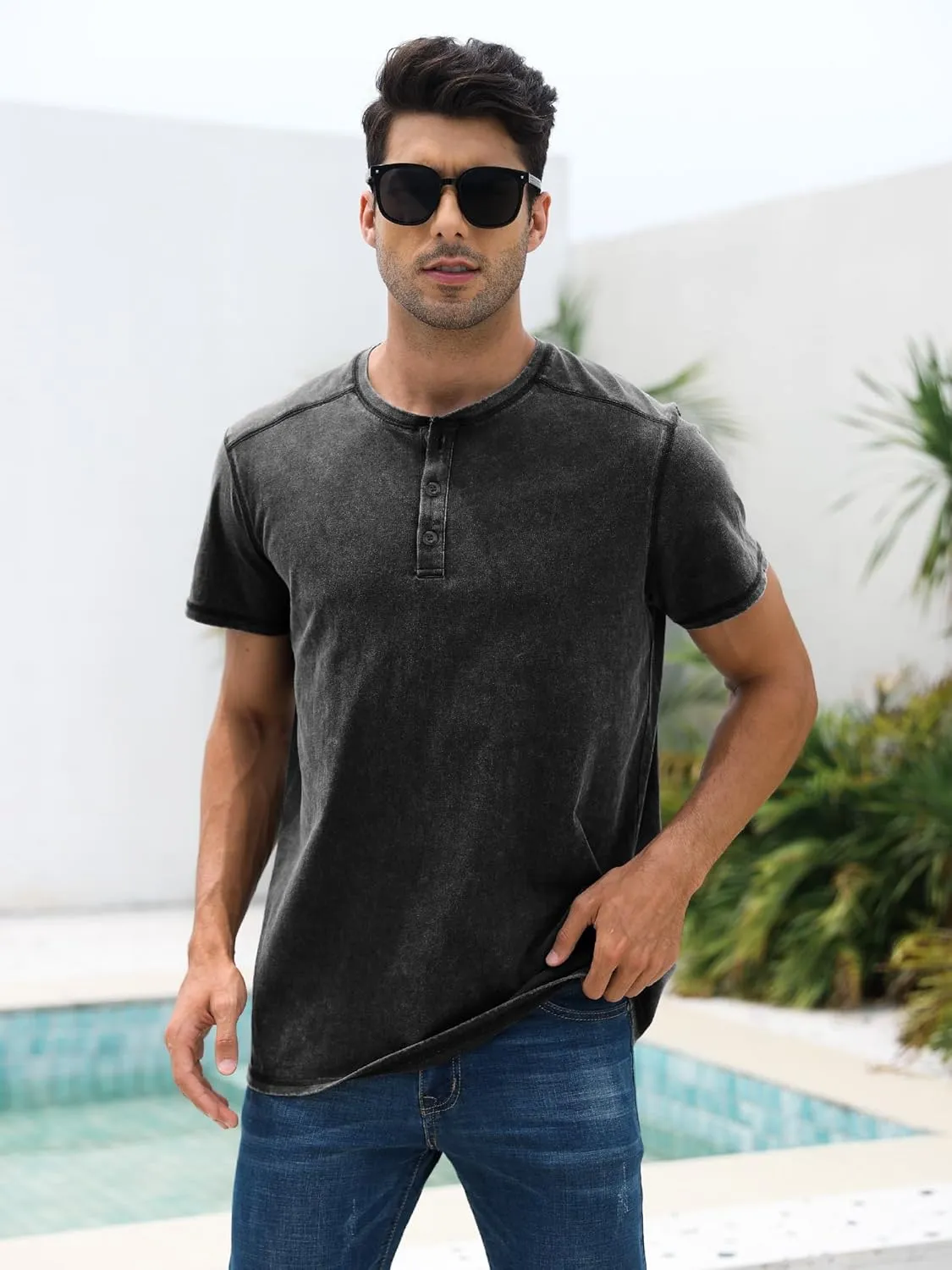 Mens Distressed Henley Shirts Casual Washed T-Shirts Retro Short Sleeve Tee Cotton Shirts