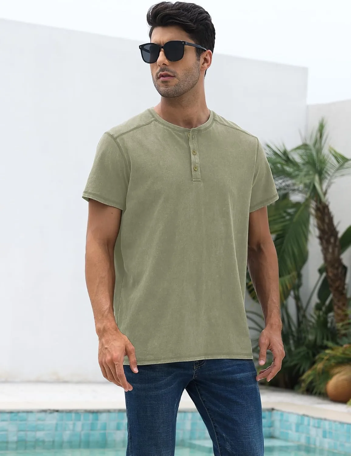 Mens Distressed Henley Shirts Casual Washed T-Shirts Retro Short Sleeve Tee Cotton Shirts
