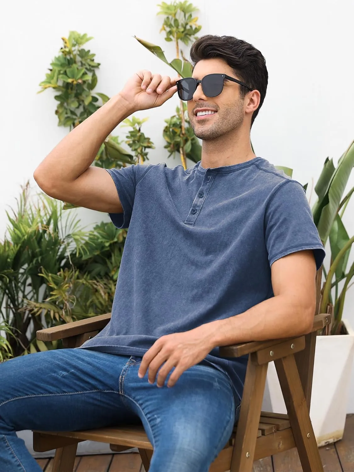 Mens Distressed Henley Shirts Casual Washed T-Shirts Retro Short Sleeve Tee Cotton Shirts