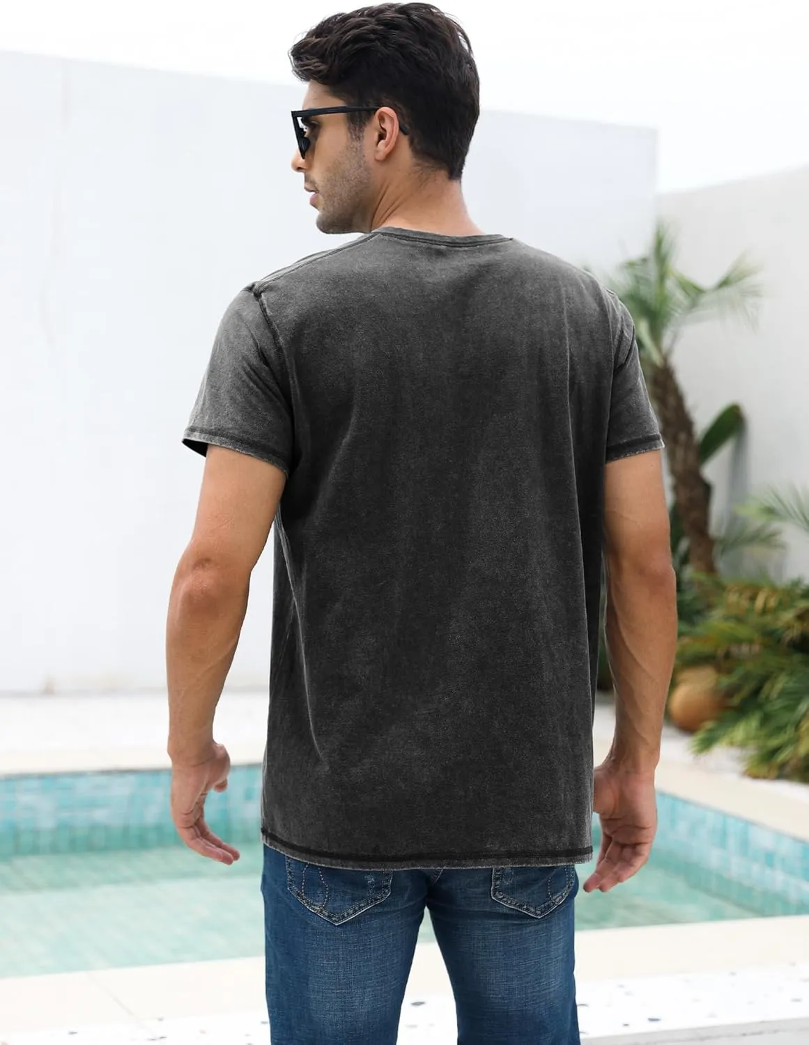 Mens Distressed Henley Shirts Casual Washed T-Shirts Retro Short Sleeve Tee Cotton Shirts