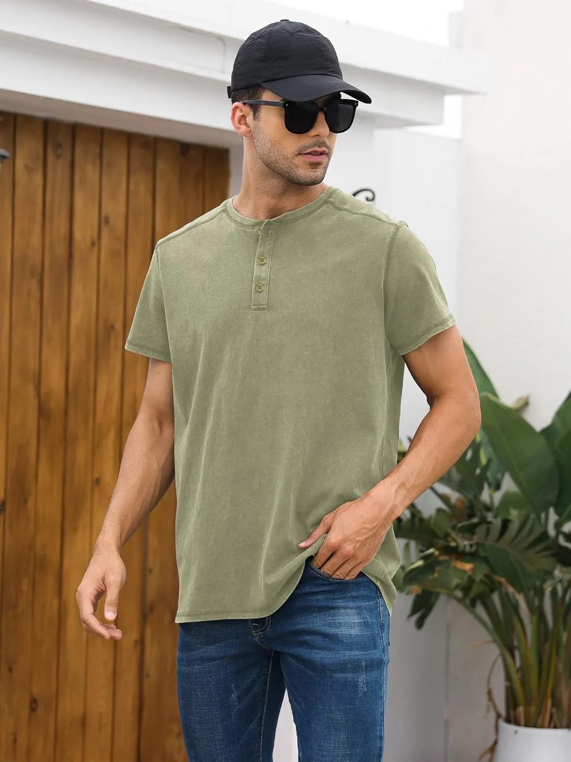 Mens Distressed Henley Shirts Casual Washed T-Shirts Retro Short Sleeve Tee Cotton Shirts