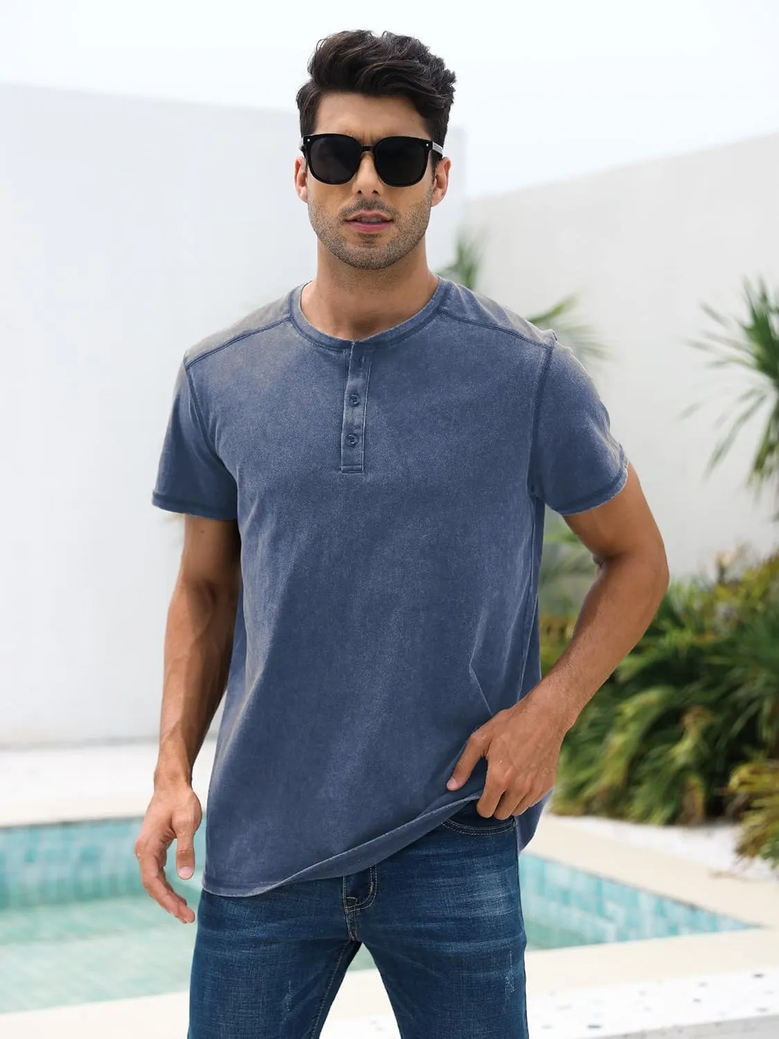 Mens Distressed Henley Shirts Casual Washed T-Shirts Retro Short Sleeve Tee Cotton Shirts