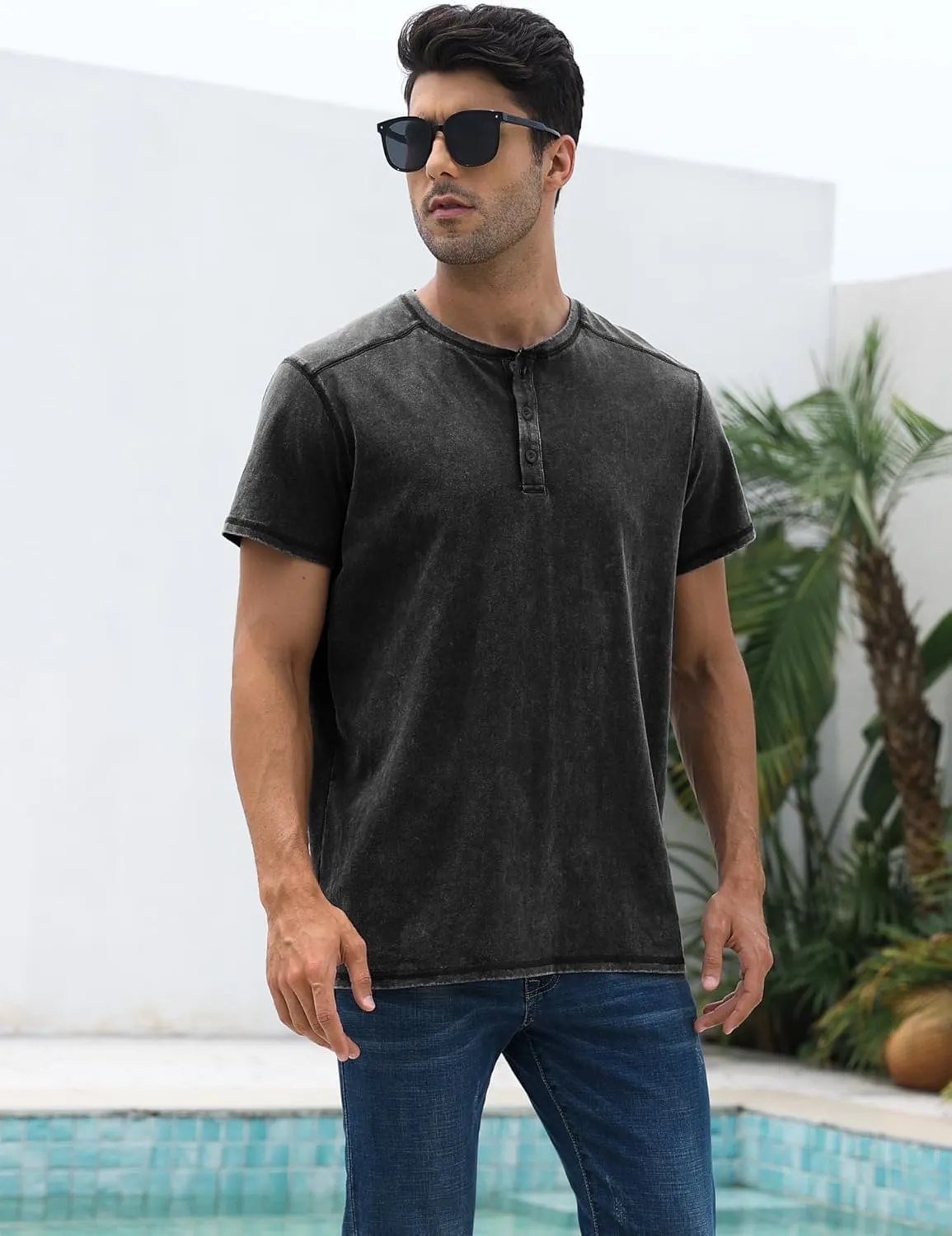 Mens Distressed Henley Shirts Casual Washed T-Shirts Retro Short Sleeve Tee Cotton Shirts
