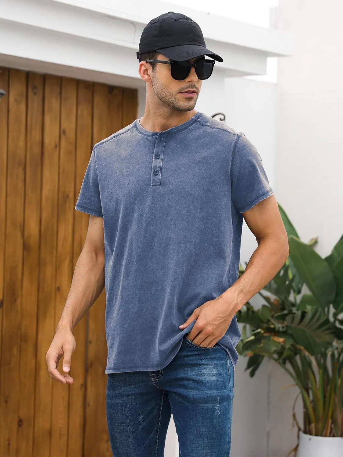 Mens Distressed Henley Shirts Casual Washed T-Shirts Retro Short Sleeve Tee Cotton Shirts