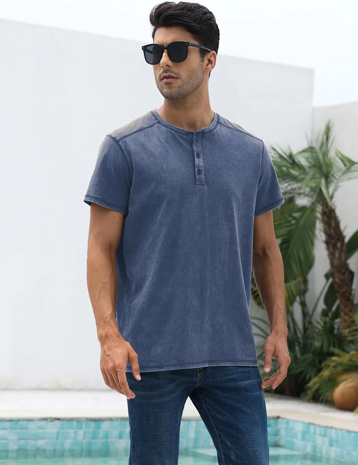 Mens Distressed Henley Shirts Casual Washed T-Shirts Retro Short Sleeve Tee Cotton Shirts