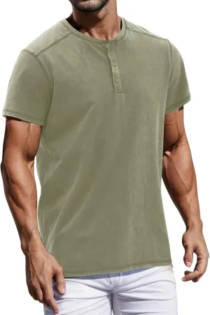 Mens Distressed Henley Shirts Casual Washed T-Shirts Retro Short Sleeve Tee Cotton Shirts