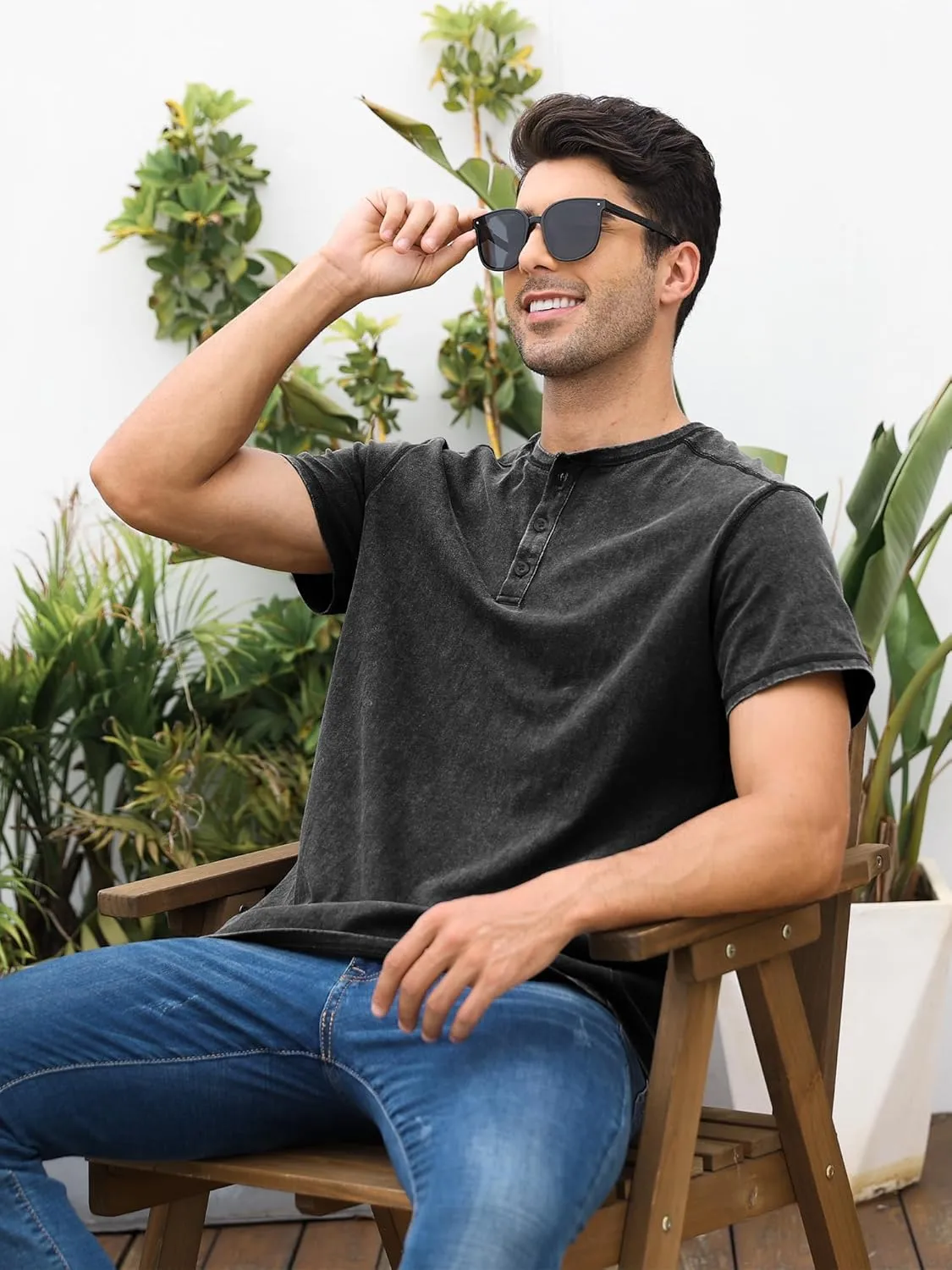Mens Distressed Henley Shirts Casual Washed T-Shirts Retro Short Sleeve Tee Cotton Shirts