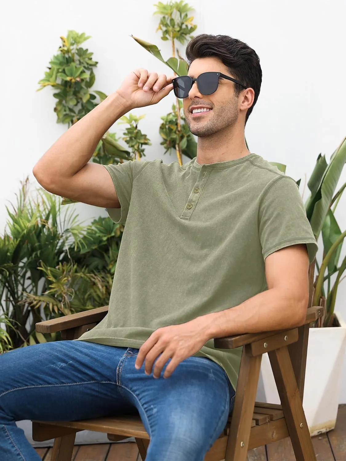 Mens Distressed Henley Shirts Casual Washed T-Shirts Retro Short Sleeve Tee Cotton Shirts