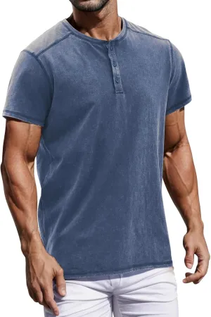 Mens Distressed Henley Shirts Casual Washed T-Shirts Retro Short Sleeve Tee Cotton Shirts