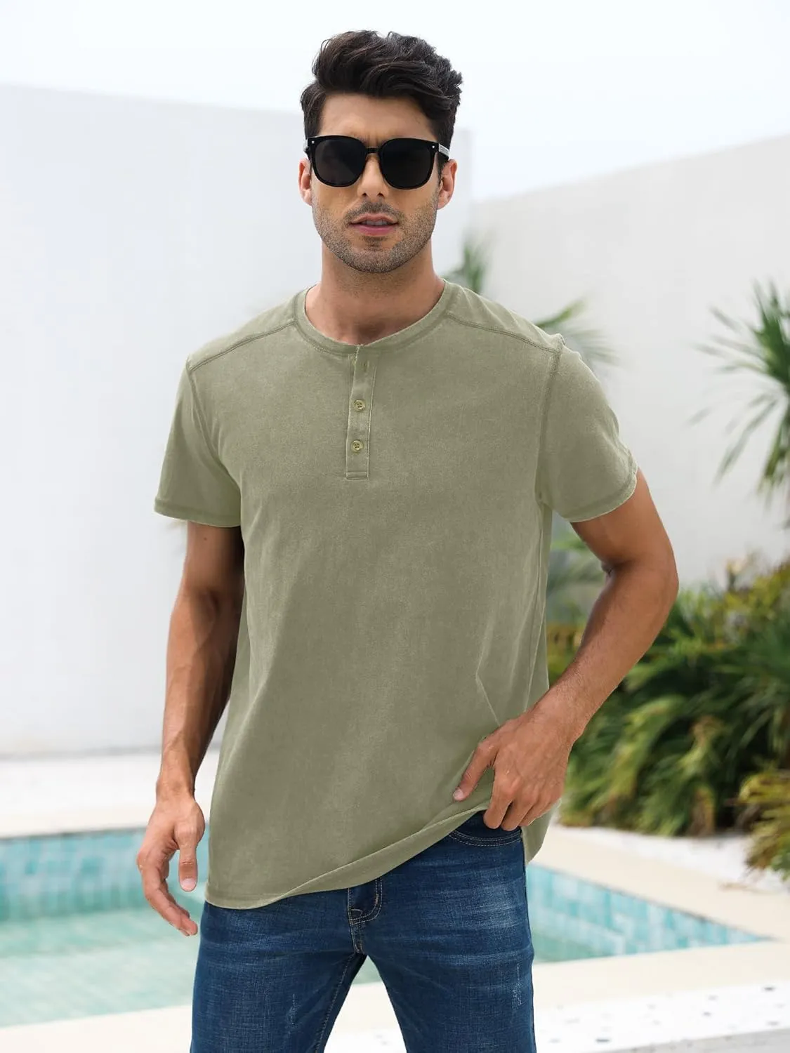 Mens Distressed Henley Shirts Casual Washed T-Shirts Retro Short Sleeve Tee Cotton Shirts