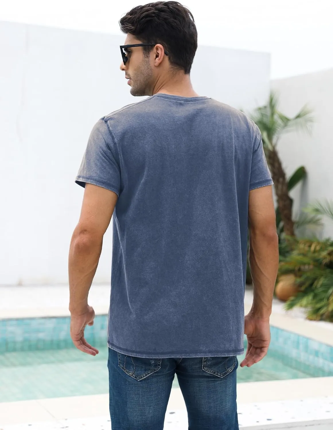 Mens Distressed Henley Shirts Casual Washed T-Shirts Retro Short Sleeve Tee Cotton Shirts
