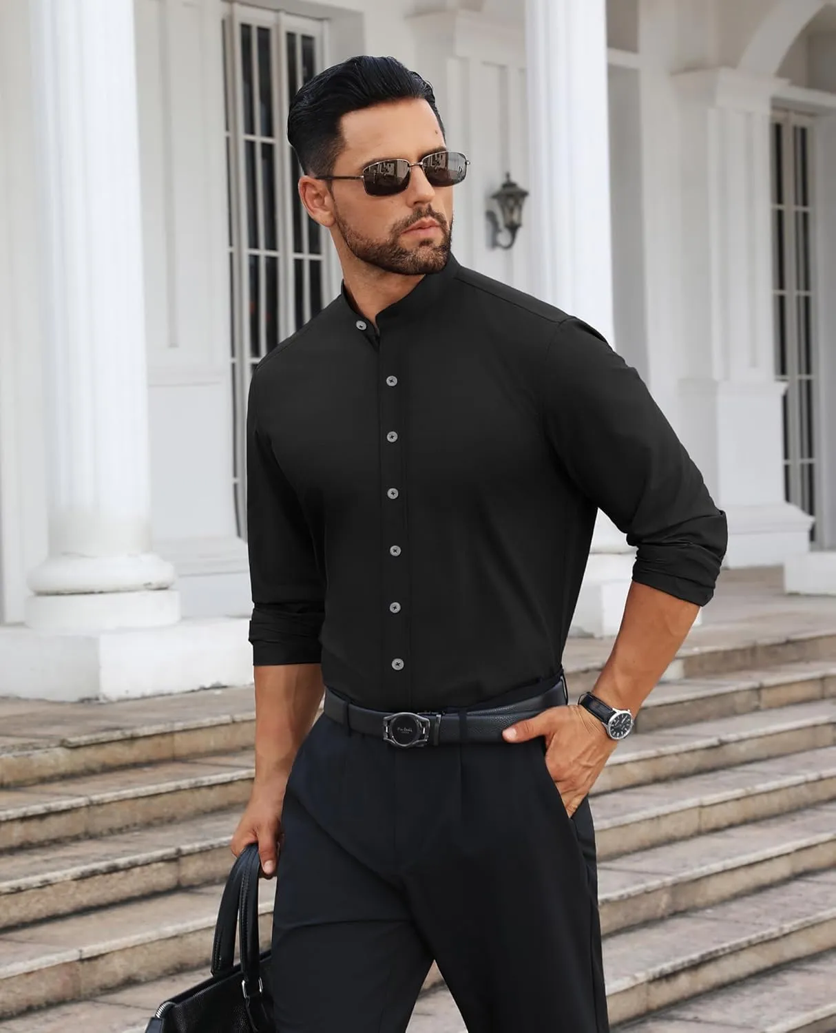 Mens Dress Shirts Wrinkle Free Dress Shirts for Men Long Sleeve Button Down Shirts Banded Collar Shirts