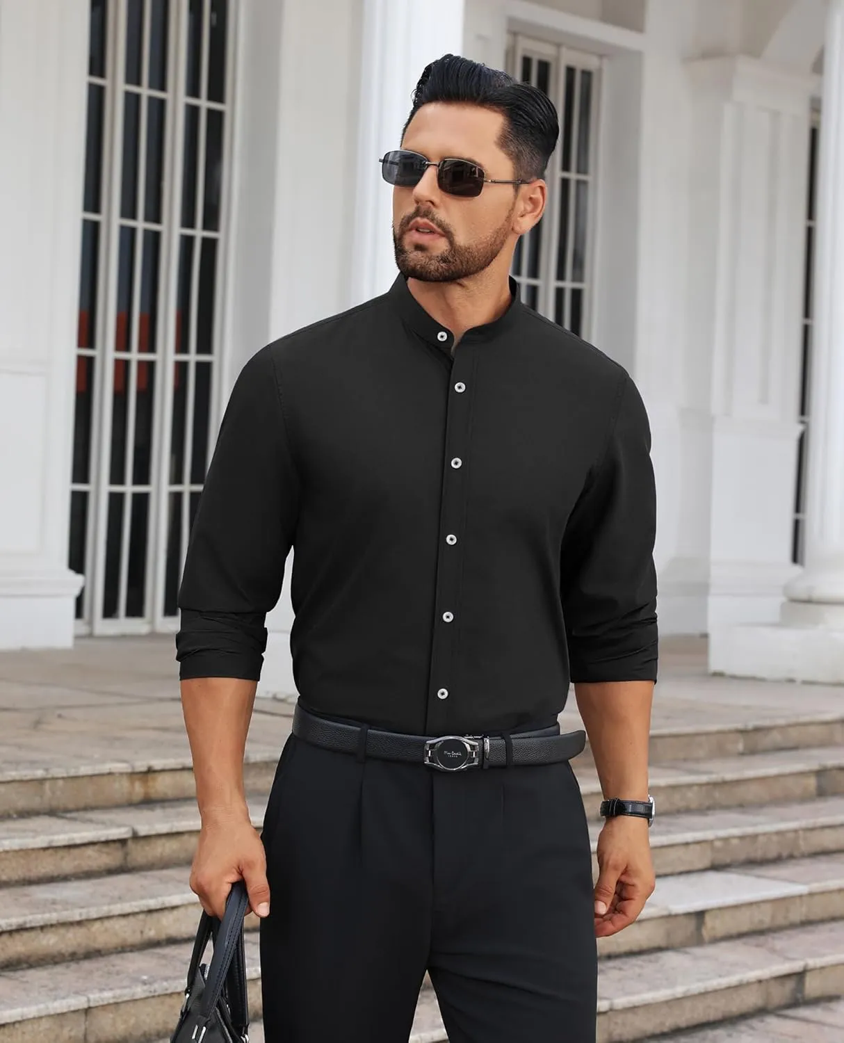 Mens Dress Shirts Wrinkle Free Dress Shirts for Men Long Sleeve Button Down Shirts Banded Collar Shirts