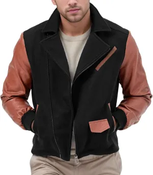 Mens Faux Leather Jacket Bomber Jacket Lapel Casual Full Zip Jackets Lightweight Vintage Coats Color Block Outwear