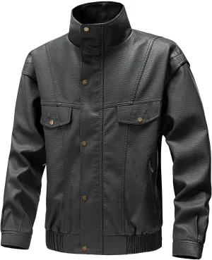 Mens Faux Leather Jacket Winter Warm Fleece Lined Fashion Motorcycle Jackets Coat Full Zip Buttons Stand Collar Coats