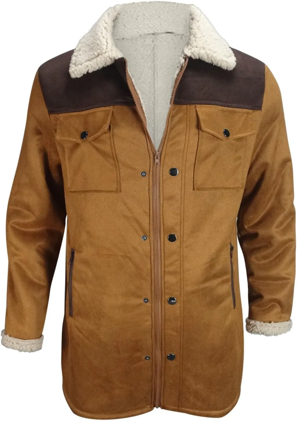 Mens Faux Suede Leather Jackets Sherpa Fleece Lined Trucker Jacket Notch Lapel Button Down Winter Sport Coat