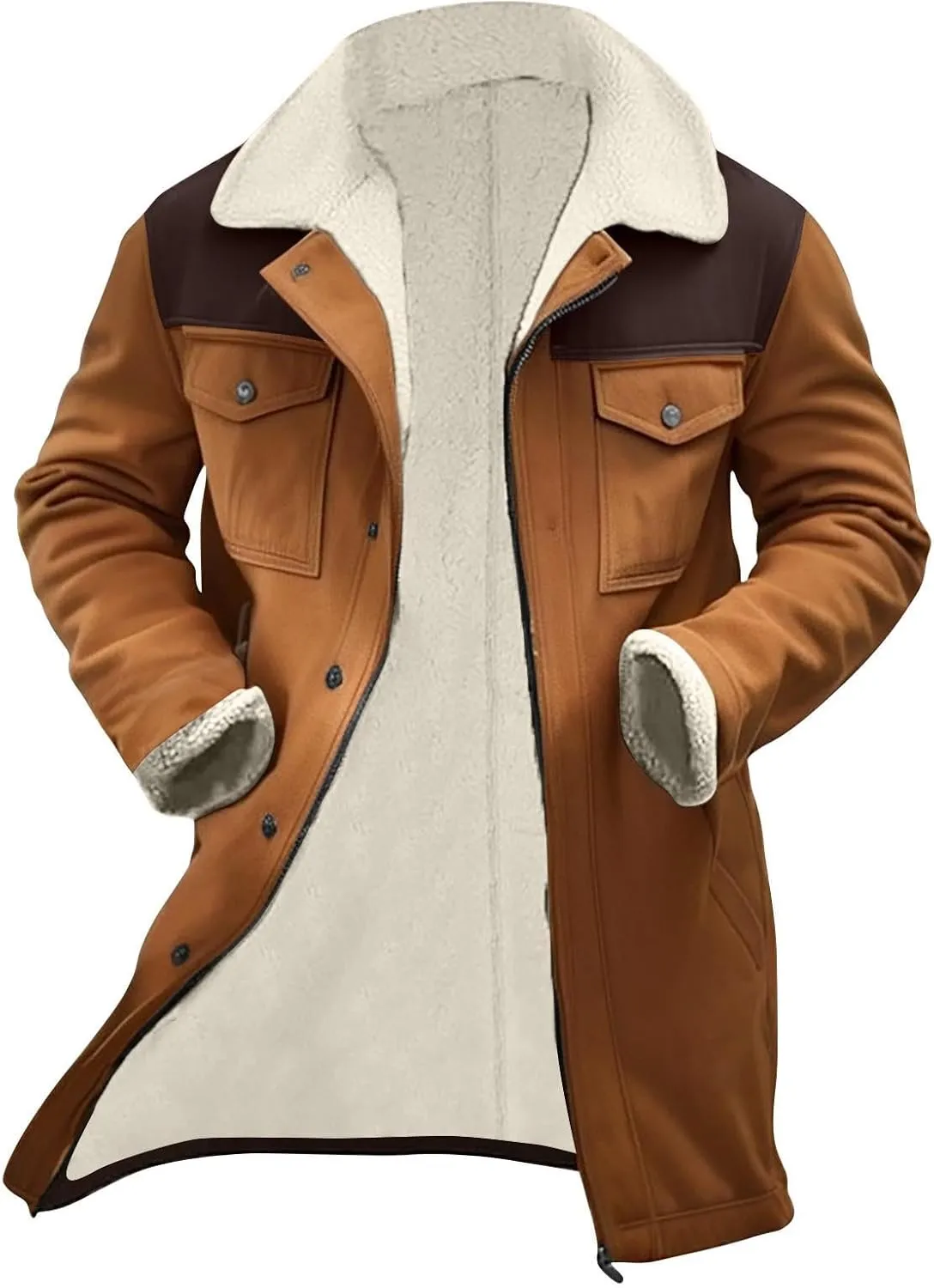 Mens Faux Suede Leather Jackets Sherpa Fleece Lined Trucker Jacket Notch Lapel Button Down Winter Sport Coat