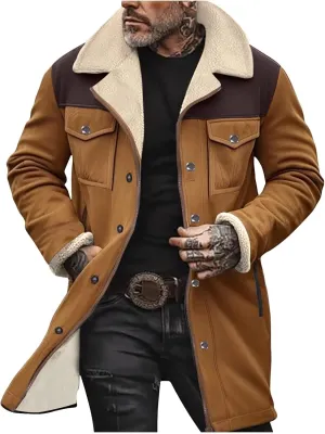 Mens Faux Suede Leather Jackets Sherpa Fleece Lined Trucker Jacket Notch Lapel Button Down Winter Sport Coat