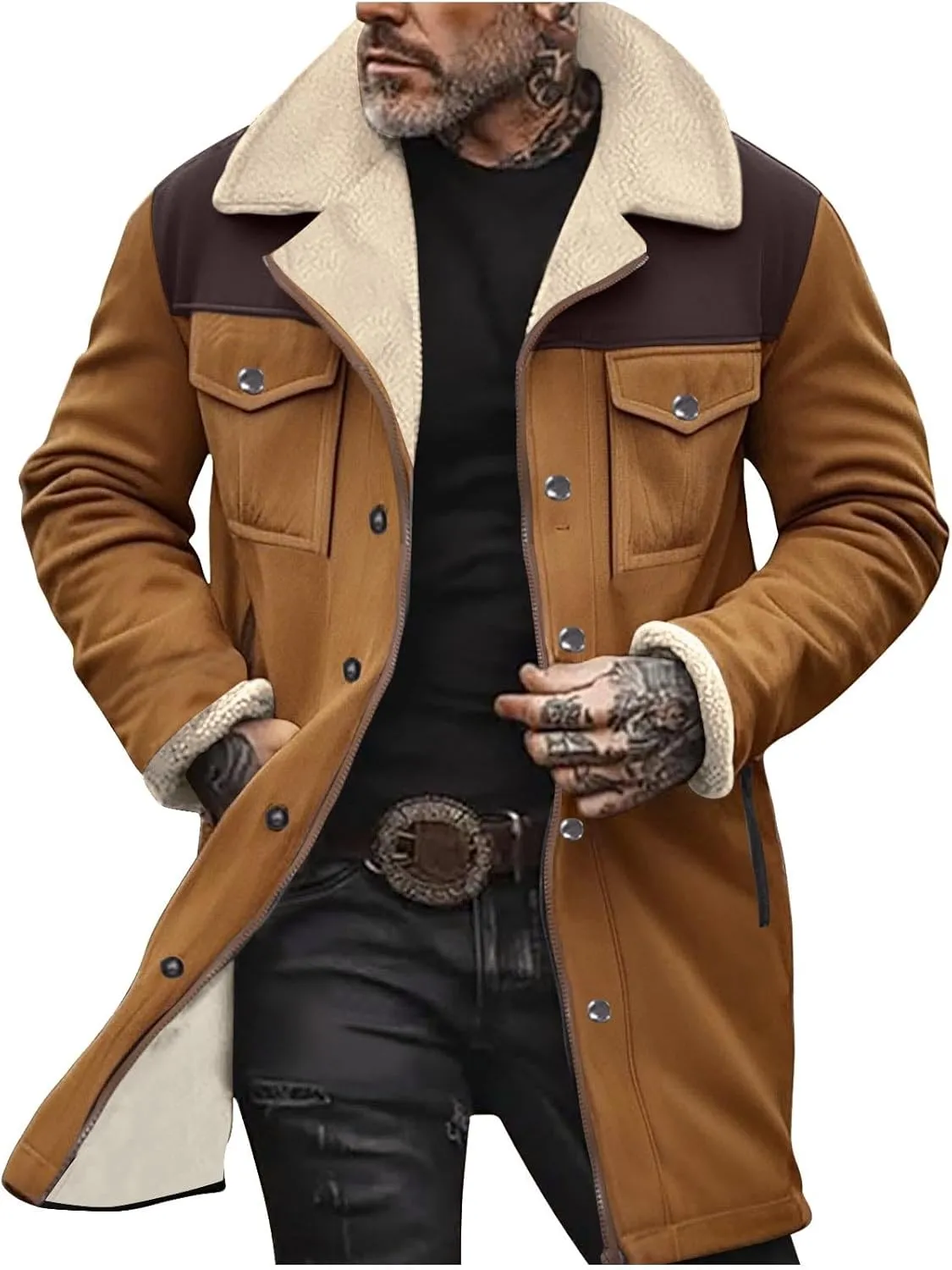 Mens Faux Suede Leather Jackets Sherpa Fleece Lined Trucker Jacket Notch Lapel Button Down Winter Sport Coat