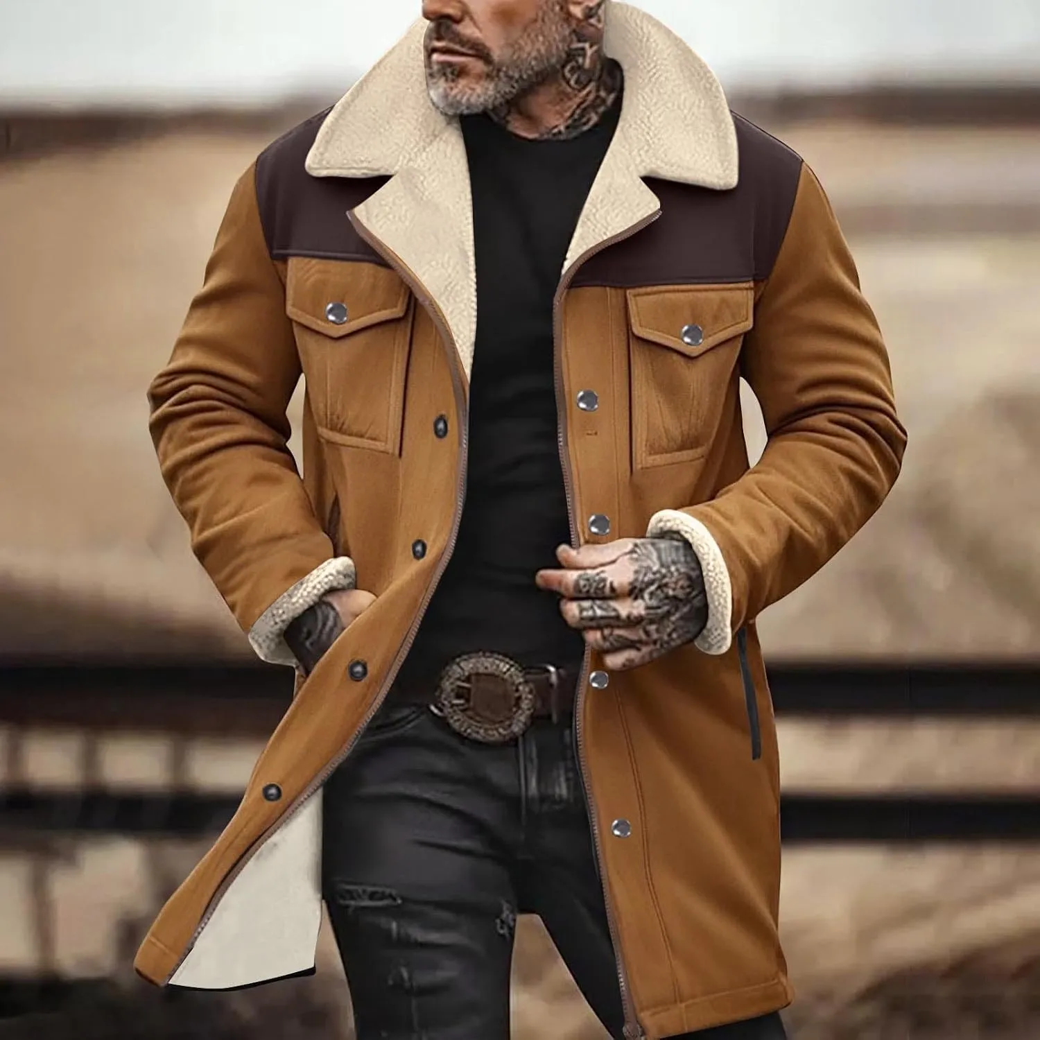 Mens Faux Suede Leather Jackets Sherpa Fleece Lined Trucker Jacket Notch Lapel Button Down Winter Sport Coat