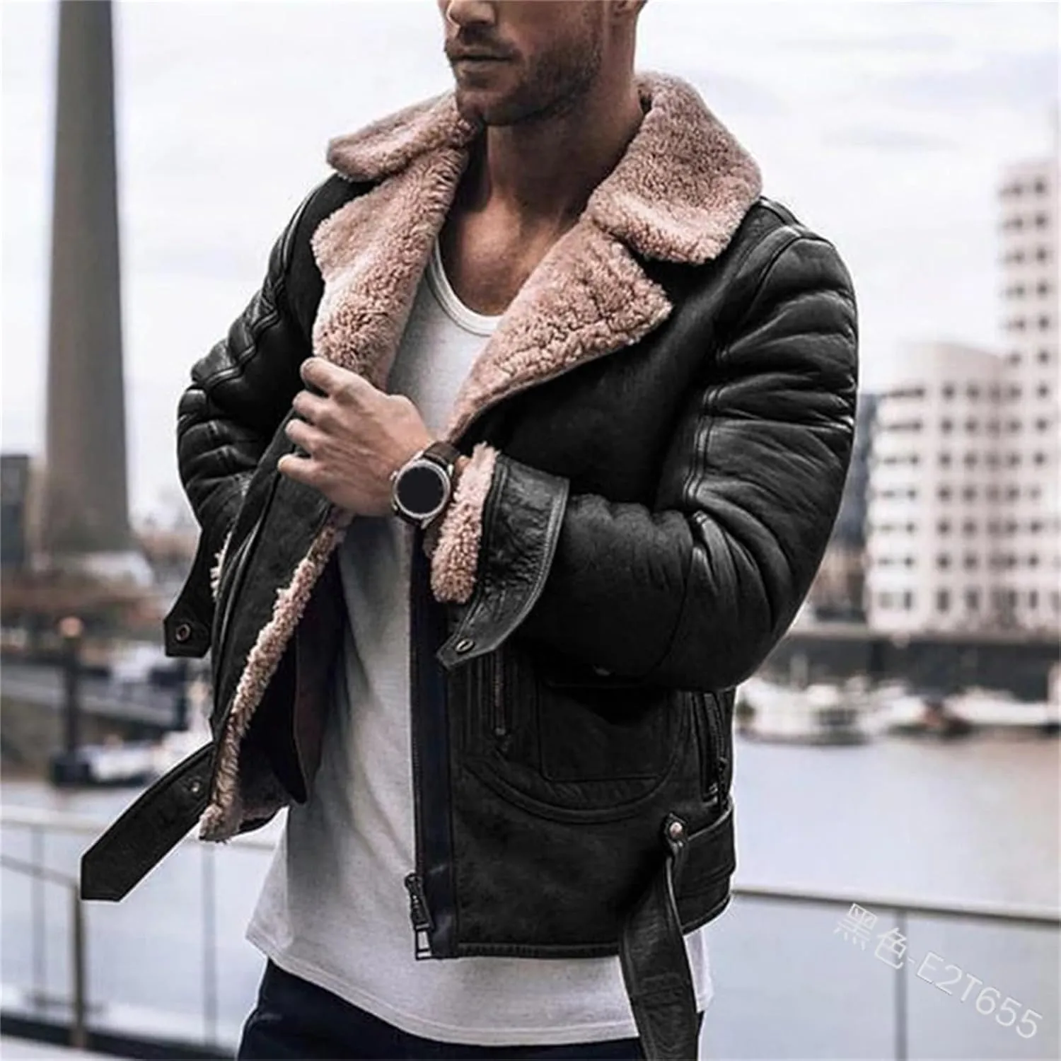 Men's Lamb Wool Bomber Jackets Faux Leather Sherpa Fleece Lined Coats Heavyweight Suede Faux Fur Trench-Coat