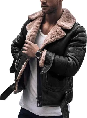 Men's Lamb Wool Bomber Jackets Faux Leather Sherpa Fleece Lined Coats Heavyweight Suede Faux Fur Trench-Coat