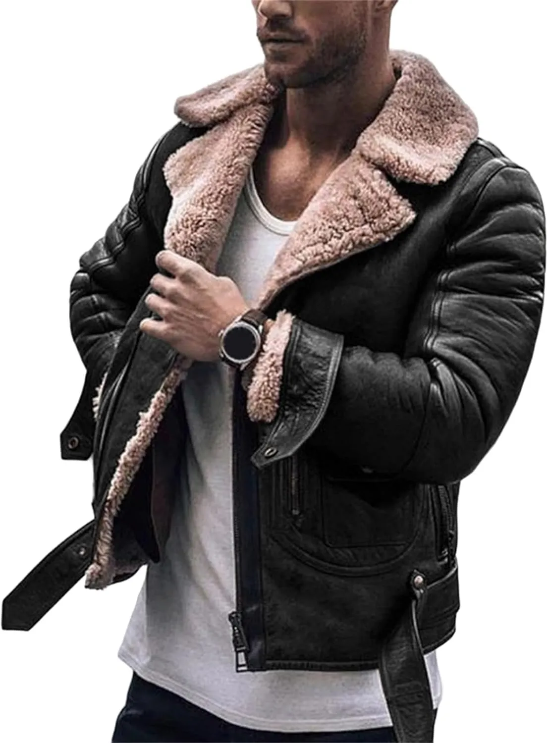 Men's Lamb Wool Bomber Jackets Faux Leather Sherpa Fleece Lined Coats Heavyweight Suede Faux Fur Trench-Coat