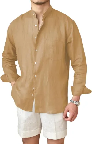 Mens Linen Shirts Casual Long Sleeve Buttons Down Solid Shirt Summer Beach