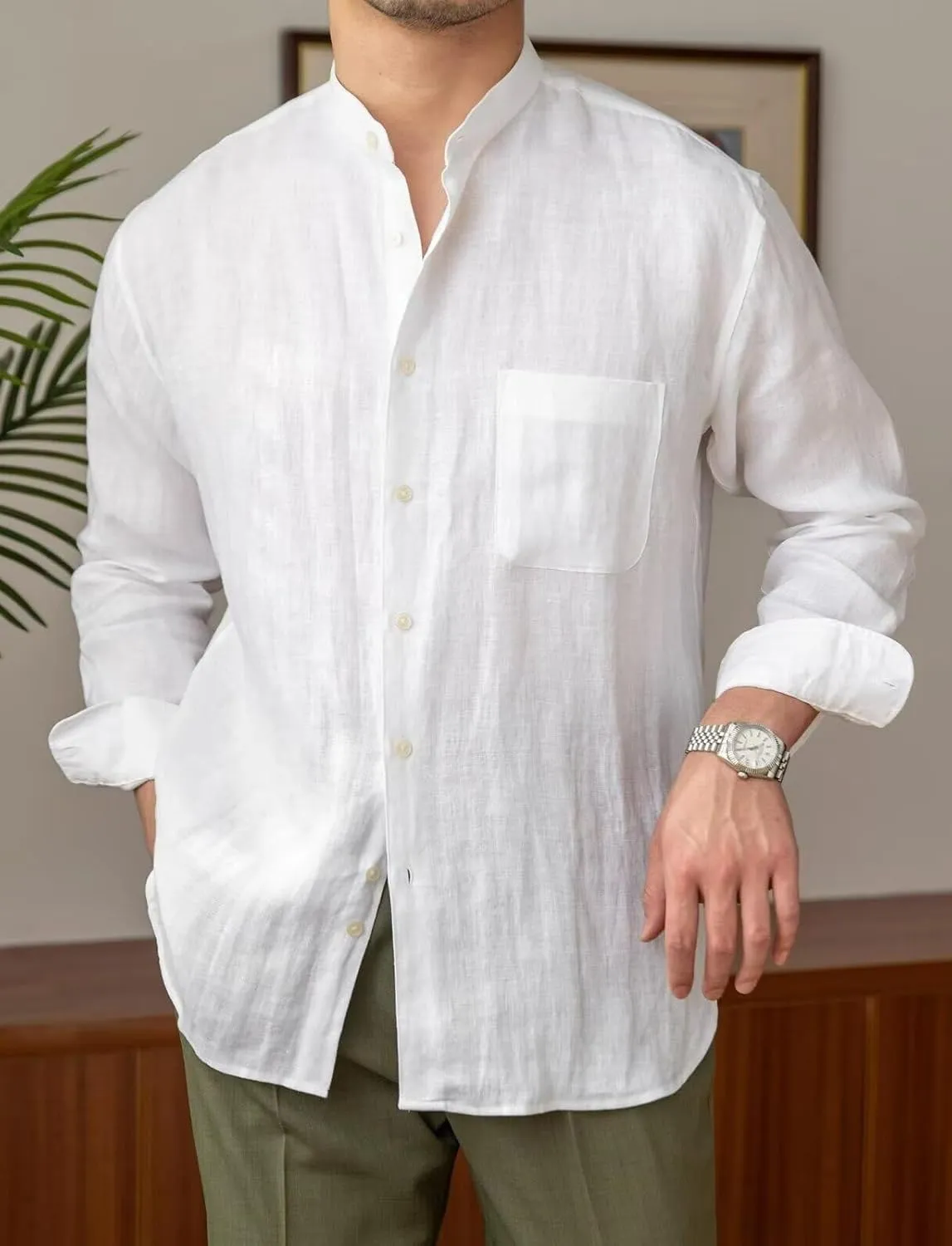 Mens Linen Shirts Casual Long Sleeve Buttons Down Solid Shirt Summer Beach