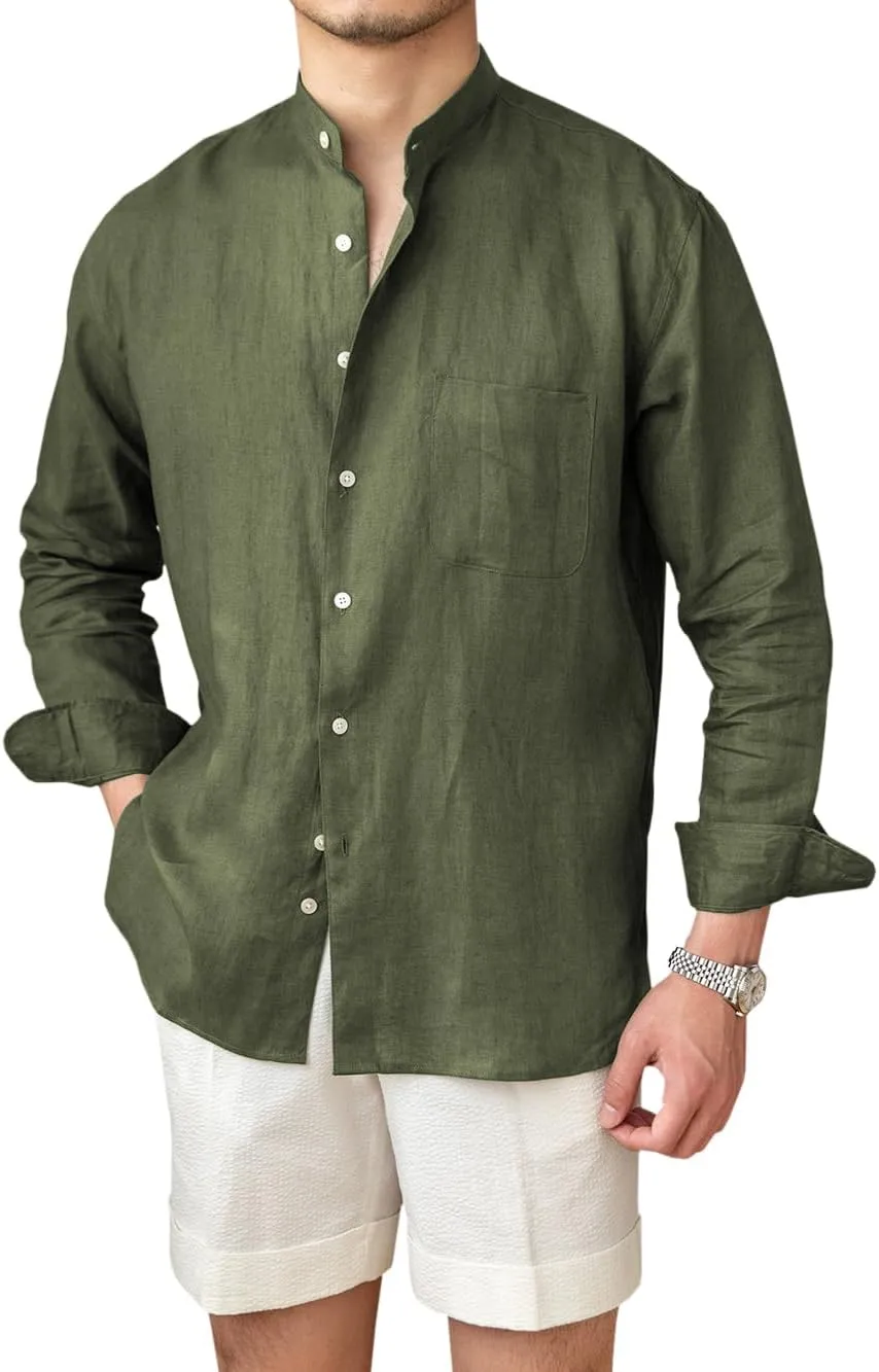 Mens Linen Shirts Casual Long Sleeve Buttons Down Solid Shirt Summer Beach