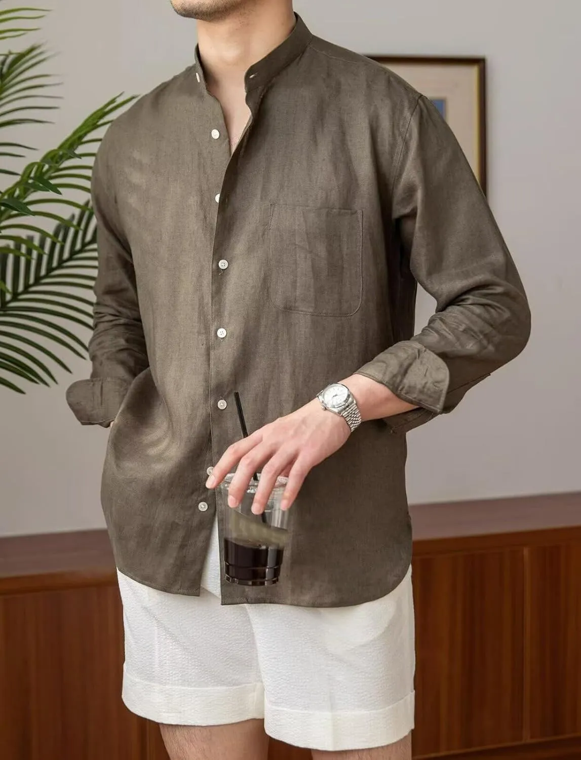 Mens Linen Shirts Casual Long Sleeve Buttons Down Solid Shirt Summer Beach
