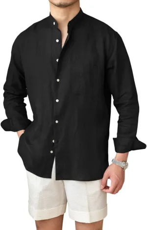 Mens Linen Shirts Casual Long Sleeve Buttons Down Solid Shirt Summer Beach