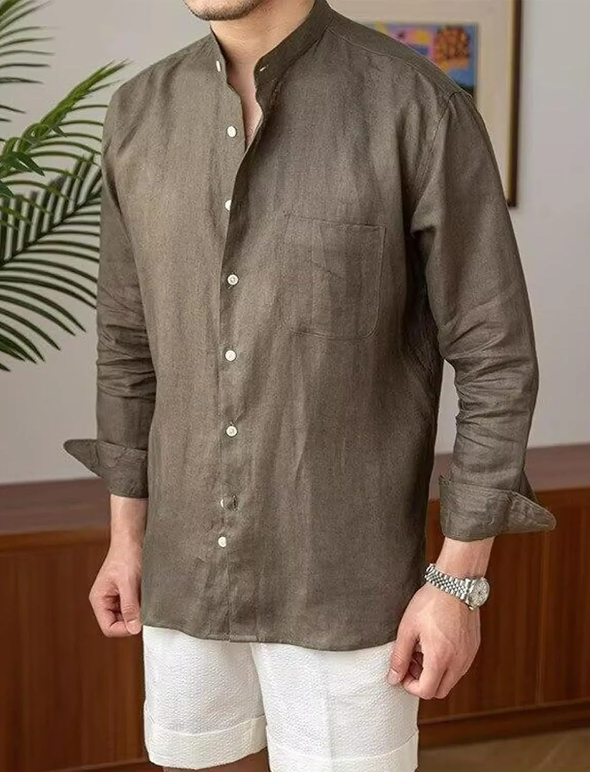 Mens Linen Shirts Casual Long Sleeve Buttons Down Solid Shirt Summer Beach