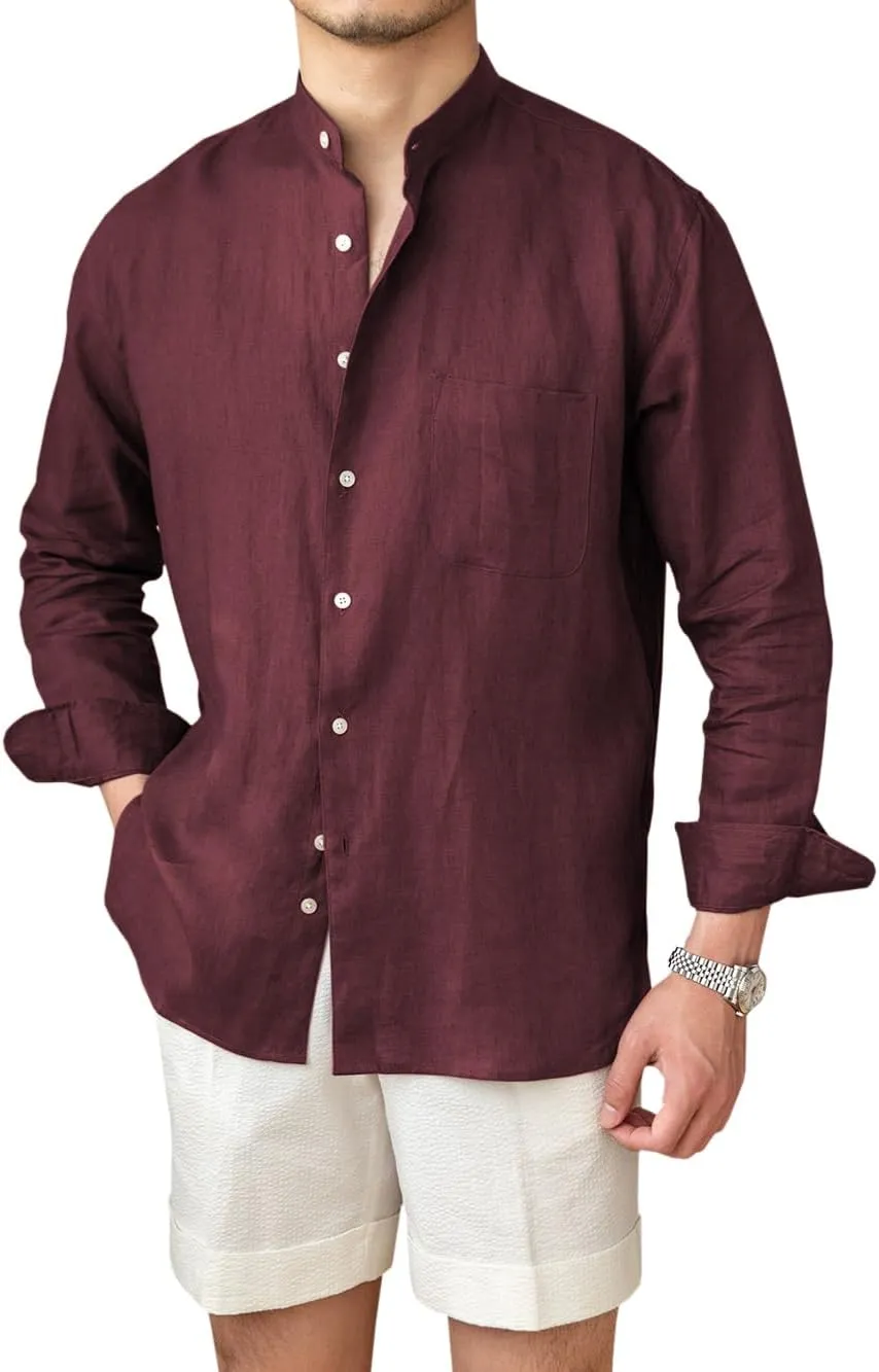 Mens Linen Shirts Casual Long Sleeve Buttons Down Solid Shirt Summer Beach