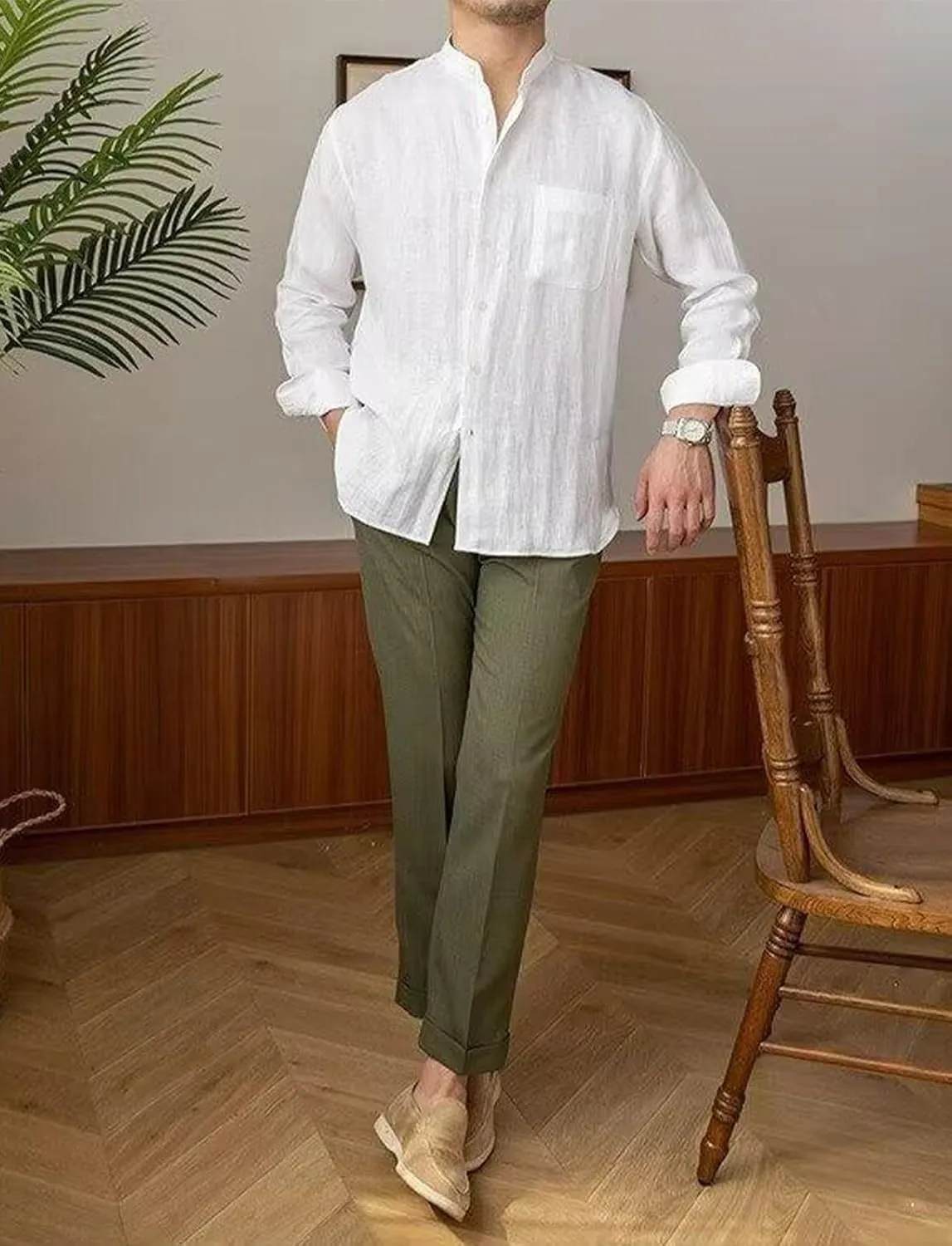 Mens Linen Shirts Casual Long Sleeve Buttons Down Solid Shirt Summer Beach