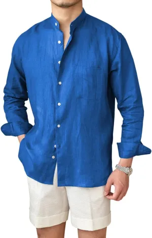 Mens Linen Shirts Casual Long Sleeve Buttons Down Solid Shirt Summer Beach