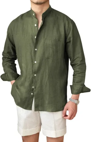 Mens Linen Shirts Casual Long Sleeve Buttons Down Solid Shirt Summer Beach