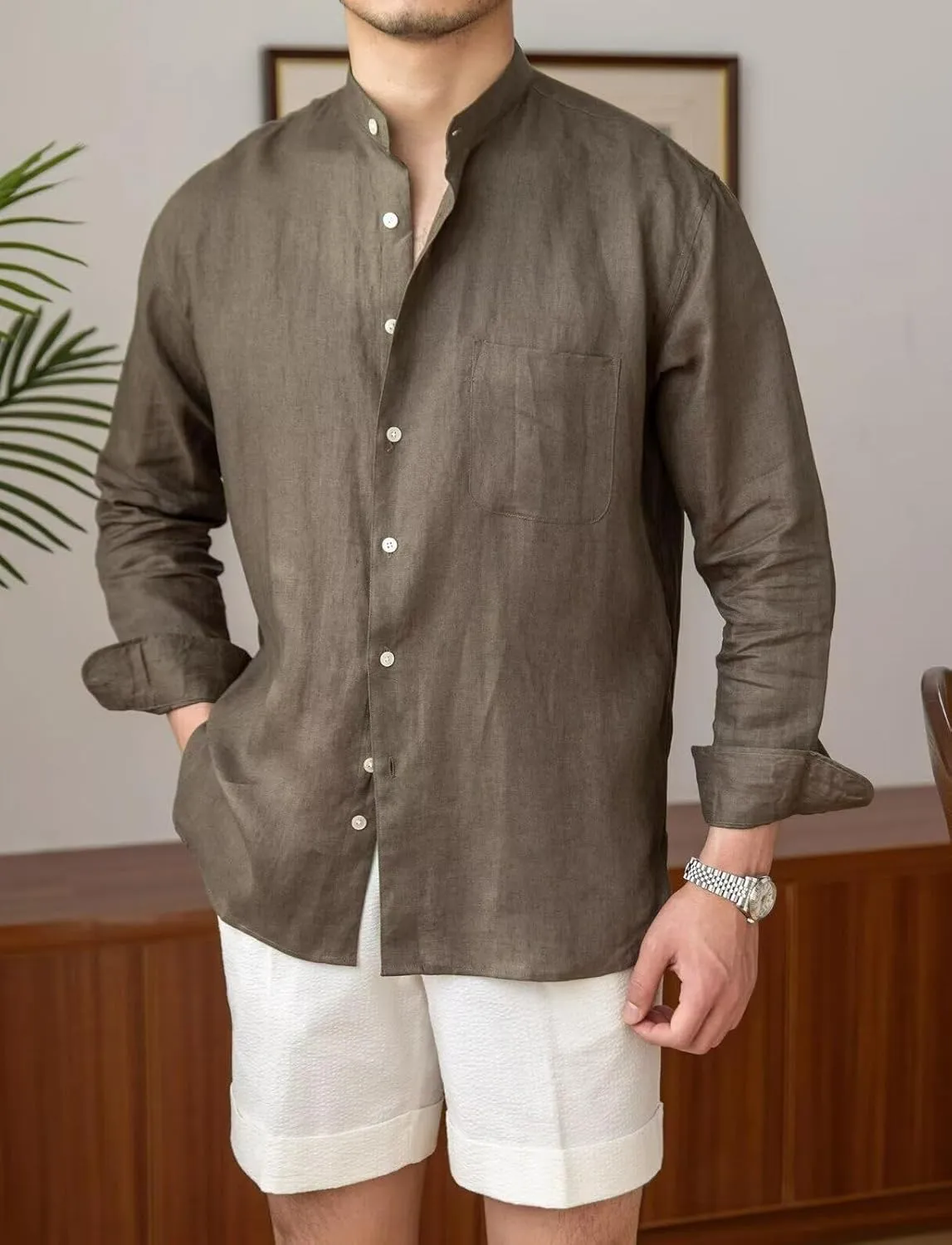 Mens Linen Shirts Casual Long Sleeve Buttons Down Solid Shirt Summer Beach