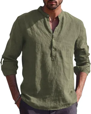 Mens Long Sleeve Shirts Casual Cotton Shirts Solid Beach Yoga Henley Shirts