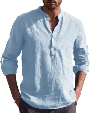 Mens Long Sleeve Shirts Casual Cotton Shirts Solid Beach Yoga Henley Shirts
