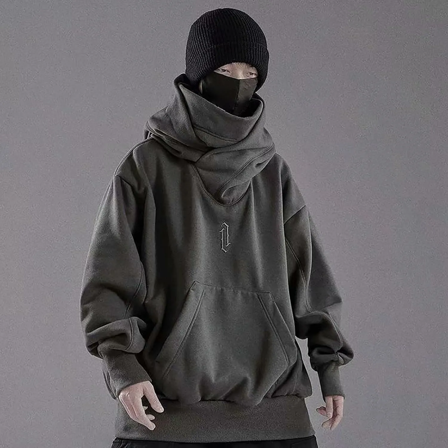 Mens Mask Hoodies Hip Hop Oversize Pullover Solid Color Hooded Sweatshrits For Men Fall Streetwear Y2K Hoodies