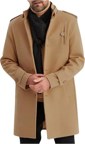 Mens Mid Long Trench Coat Winter Buttons Peacoats Casual Business Warm Woolen Overcoat Stand Collar Windproof Jacket